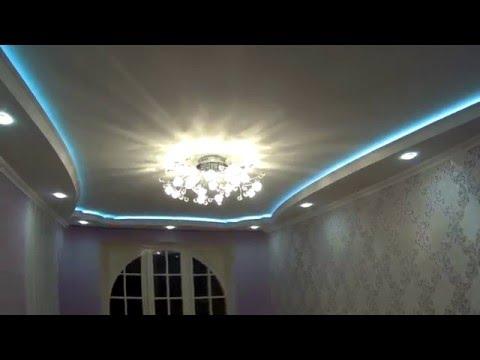 Зал ремонт, монтаж двухуровневого подвесного потолка + скрытая светодиодная LED подсветка
